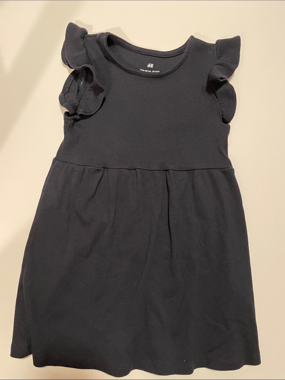 H&M Toddler Girl 3/4T Navy Blue Flutter Sleeve Casual Dress Cinched Waist